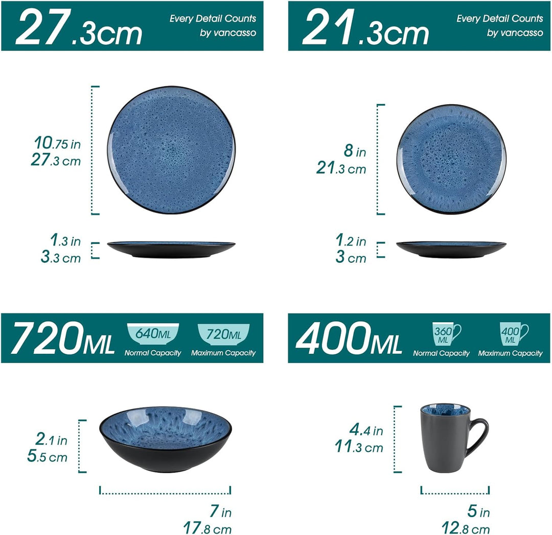 Geschirrset Steinzeug, vancasso BUBBLE 16-tlg Geschirr Set blau, Reaktive Glasur Tafelservice mit Te