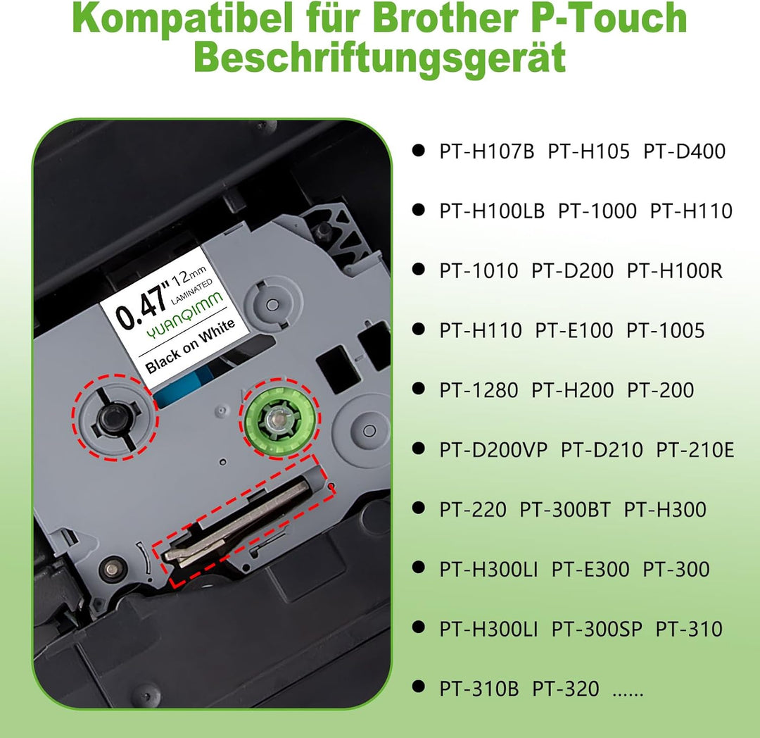4x Yuanqimm Kompatibel für Brother Ptouch Bänder 12mm x 8m TZe231 TZe-231 TZ231 TZ-231 TZe 12mm 0,47