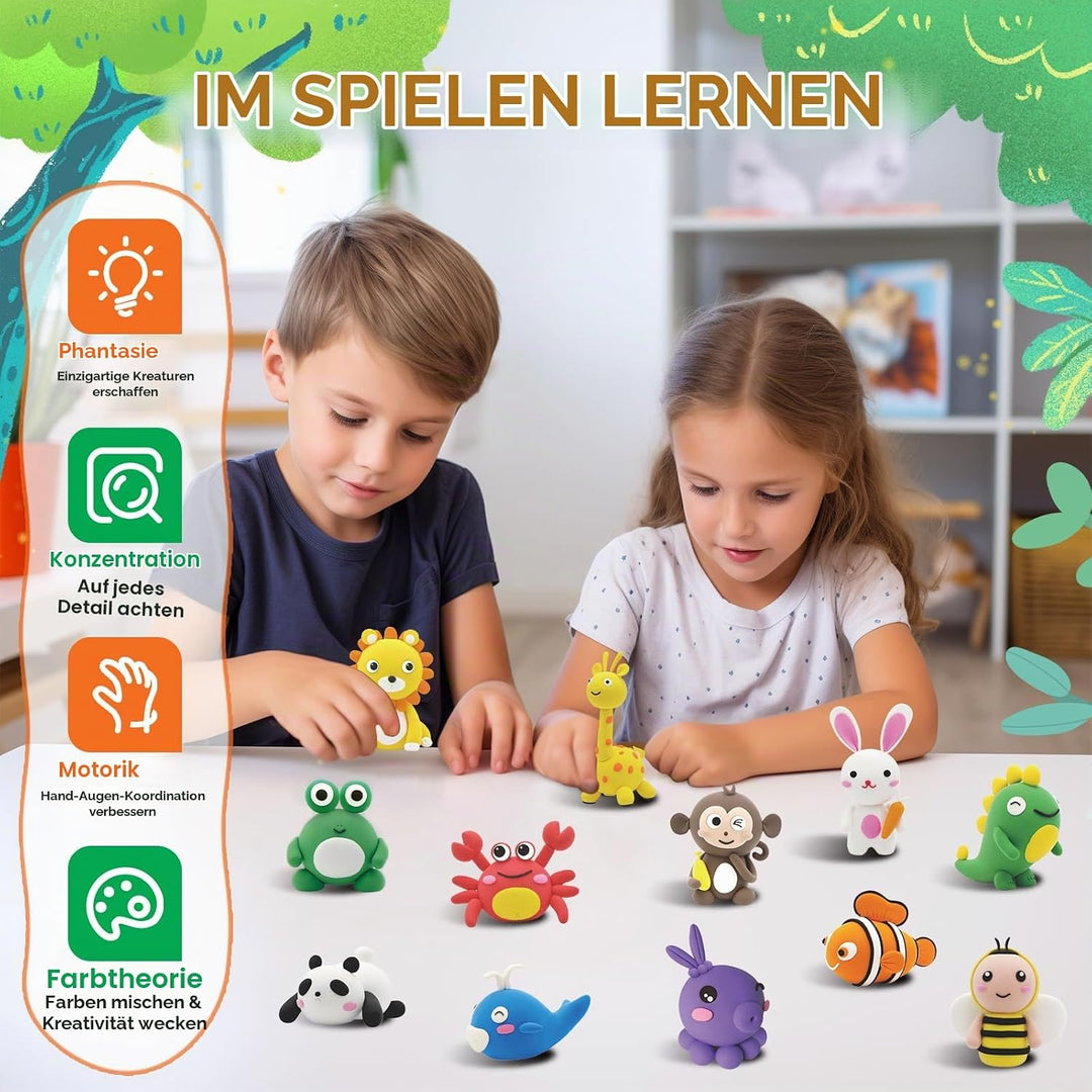 Modelliermasse Lufttrocknend für Kinder-12 Tiermotive Magische Knete Lufttrockener mitWerkzeugen&amp;Anl