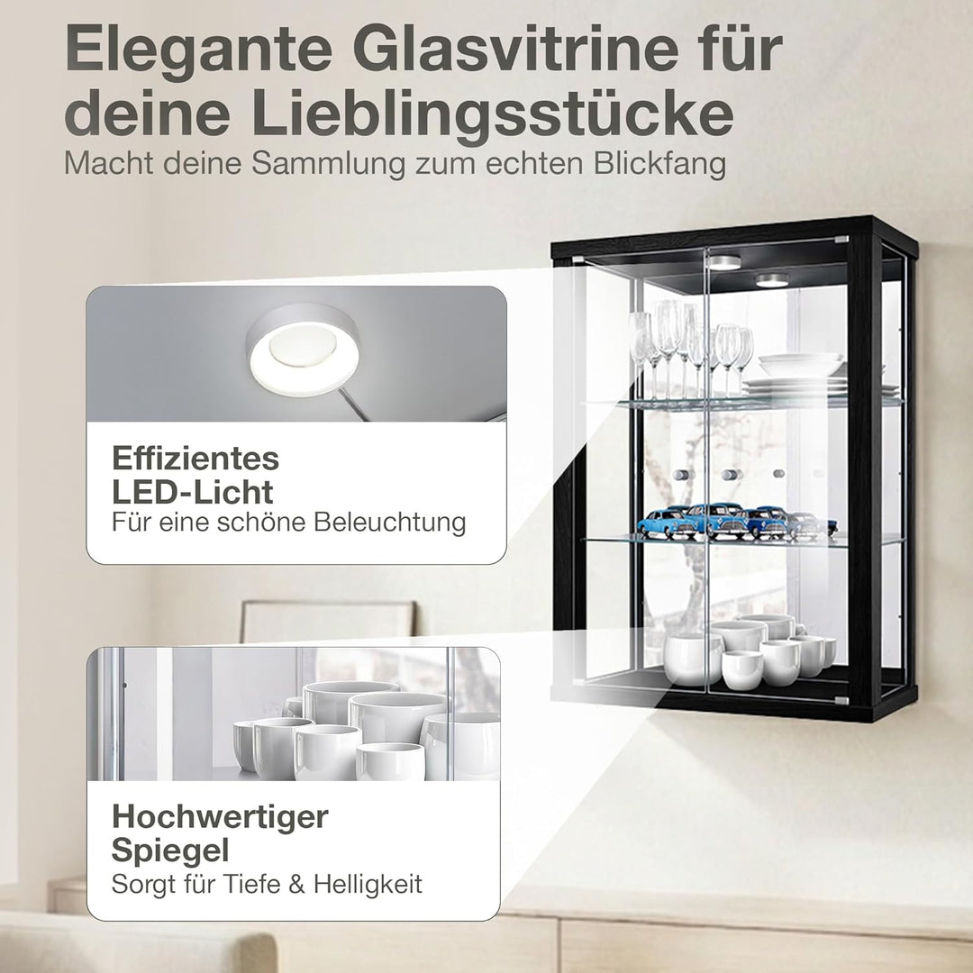 Hängevitrine in Schwarz (80x60x25 cm) mit 2 höhenverstellbaren Glasböden, Spiegel & LED - Modellauto