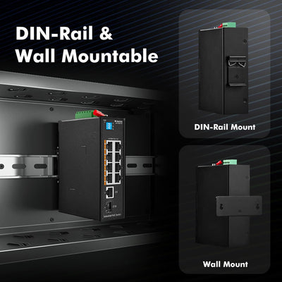 MokerLink 10 Port PoE Industrial Din Rail Switch, 8 Ports PoE+ 100Mbps IEEE802.3af/at, 1 Gigabit Eth