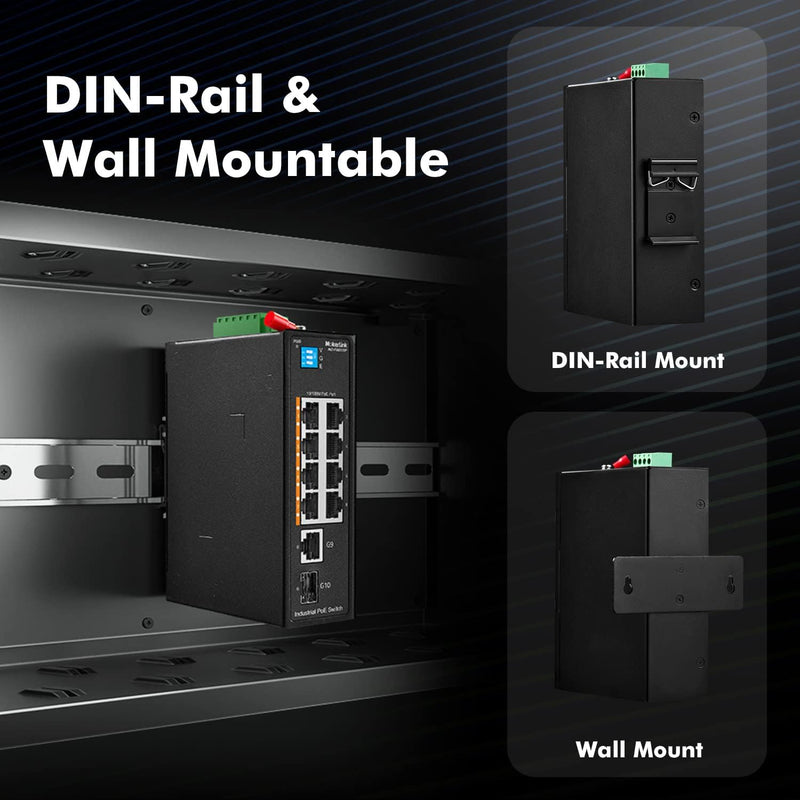 MokerLink 10 Port PoE Industrial Din Rail Switch, 8 Ports PoE+ 100Mbps IEEE802.3af/at, 1 Gigabit Eth