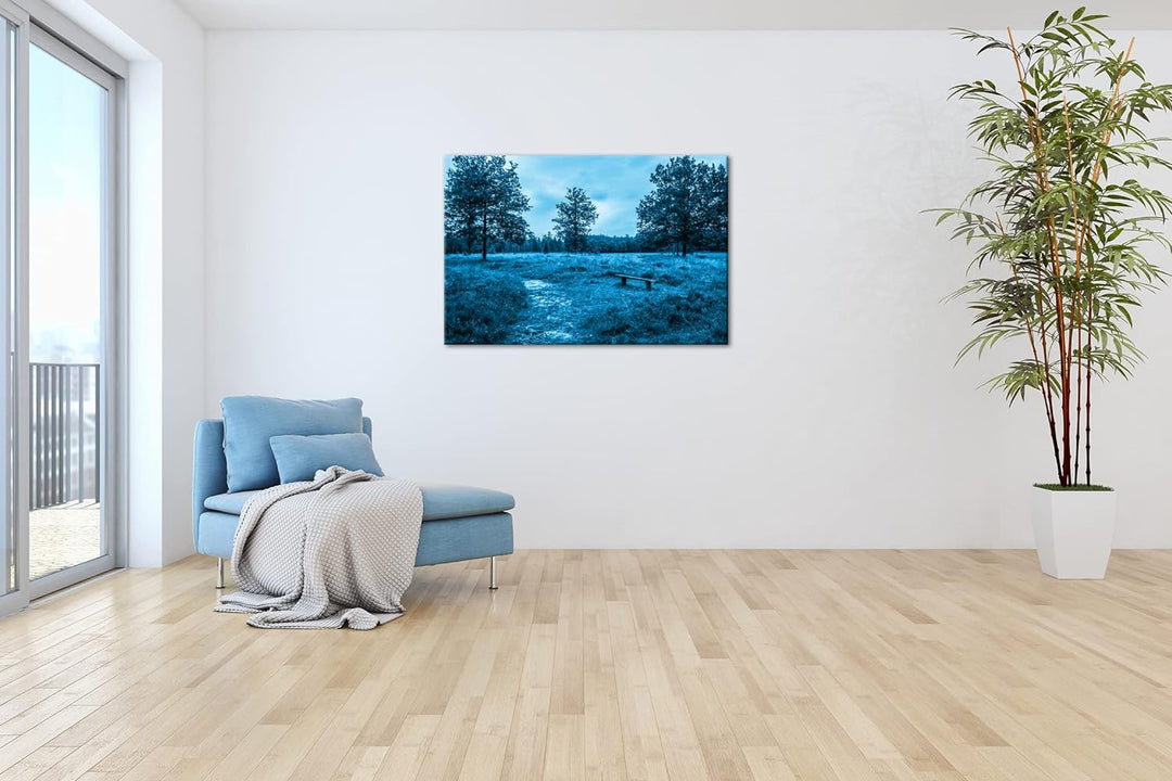 deyoli einsame Bank im Wald Format: 80x60 Effekt: Monocrome Blau als Leinwand, Motiv fertig gerahmt