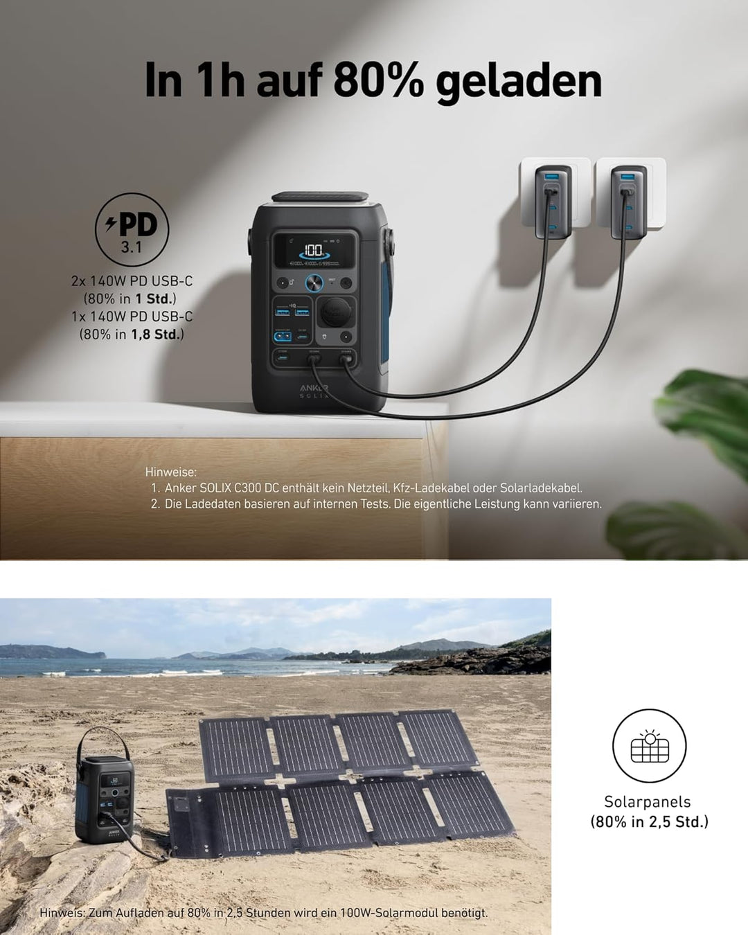 Anker SOLIX C300X DC Tragbare Powerstation, 288Wh LiFePO4-Akku, 300W Solargenerator, für Outdoor, Ca
