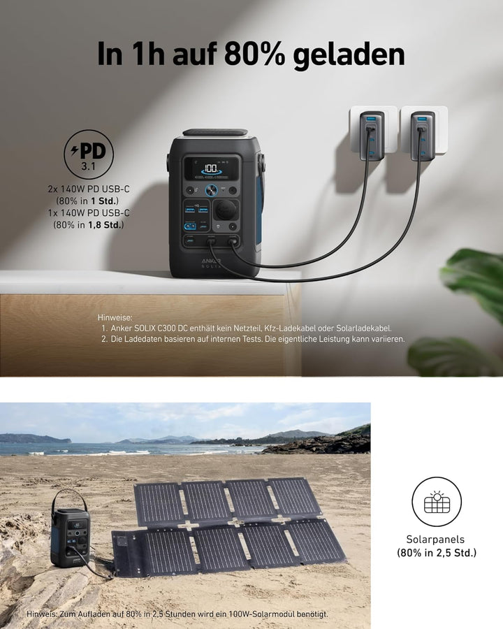 Anker SOLIX C300X DC Tragbare Powerstation, 288Wh LiFePO4-Akku, 300W Solargenerator, für Outdoor, Ca