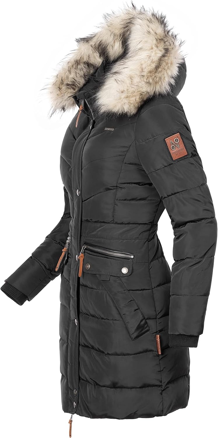 Navahoo Damen Wintermantel Warmer Steppmantel lang mit Abnehmbarer Kunstfell-Kapuze Paula XS-5XL, Sc
