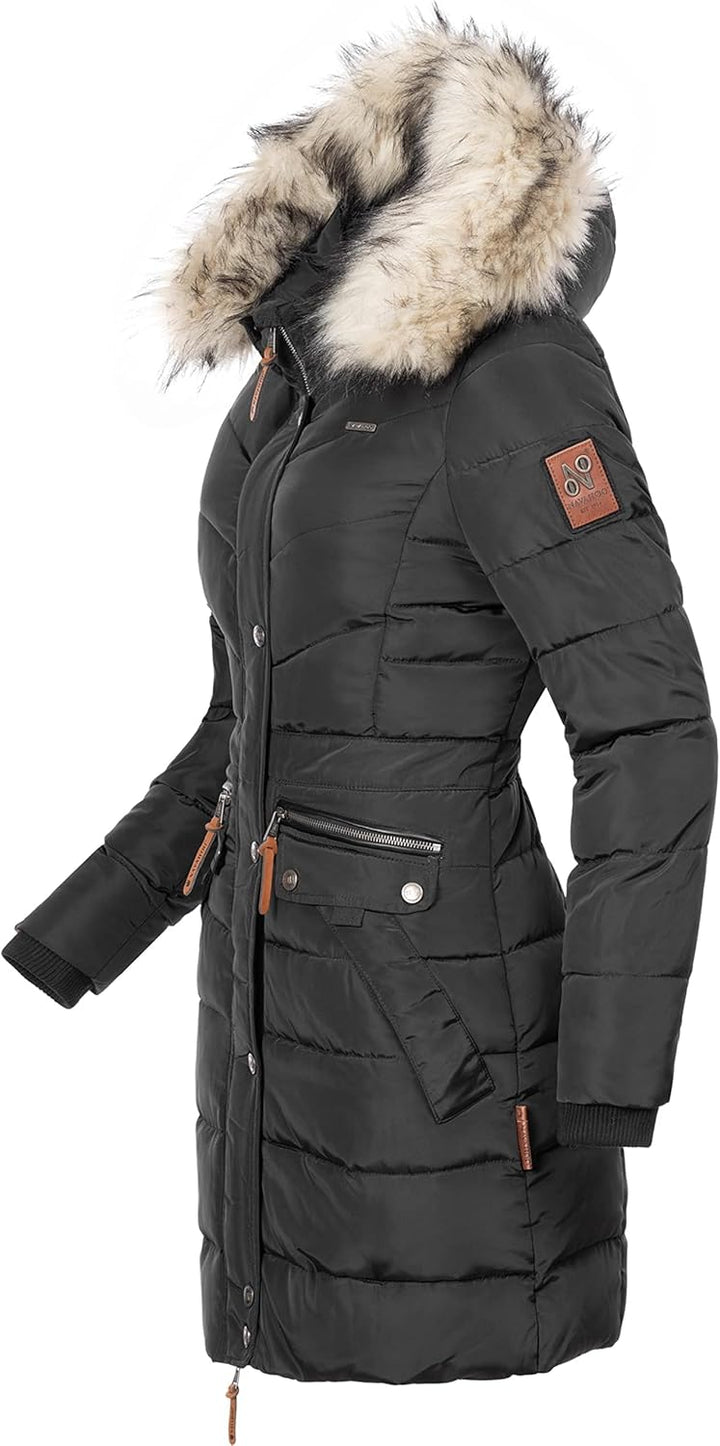 Navahoo Damen Wintermantel Warmer Steppmantel lang mit Abnehmbarer Kunstfell-Kapuze Paula XS-5XL, Sc