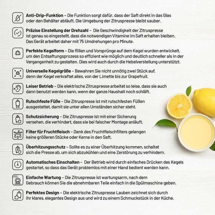 Lauben Electric Citrus Juicer 110WT Elektrische Zitruspresse mit Präzise Anti-Drip-Funktion, Univers