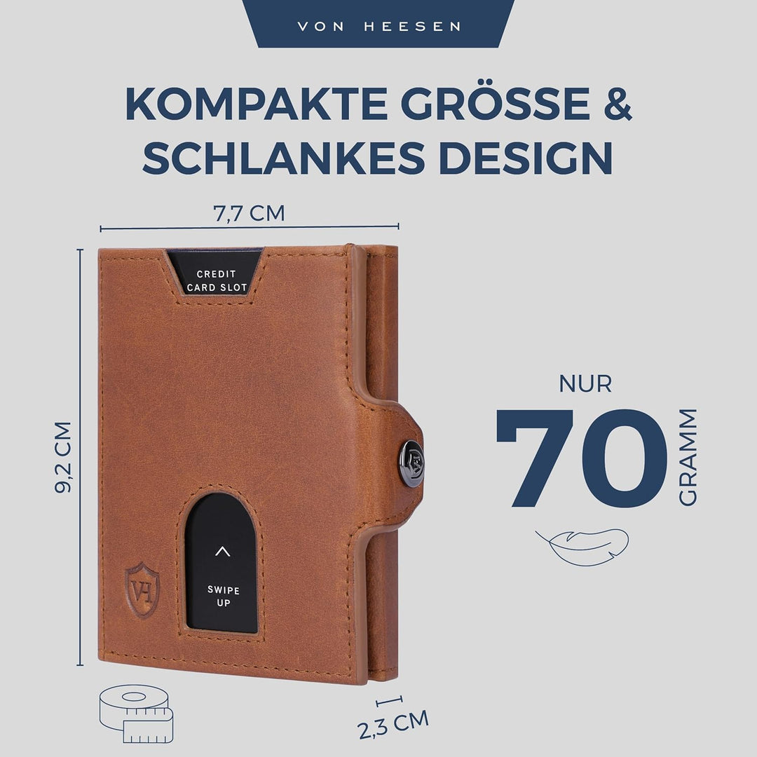 VON HEESEN Slim Wallet mit XL Münzfach & RFID Schutz - Leder Geldbörse Herren klein - Mini Geldbeute