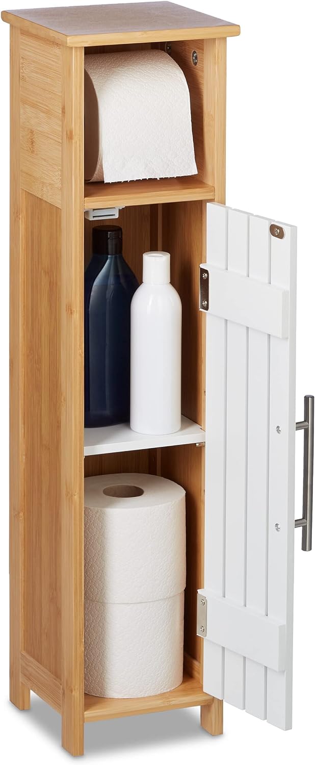 Relaxdays Toilettenpapierhalter stehend, Badezimmeregal HBT: 71x18x20 cm, MDF & Bambus, WC Papier Sc