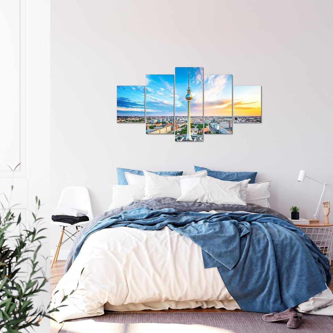 Runa Art Bild Wohnzimmer Büro Berlin Fernsehturm 5 Teilig Städte Blau Bunt Wandbilder auf Vlies Lein
