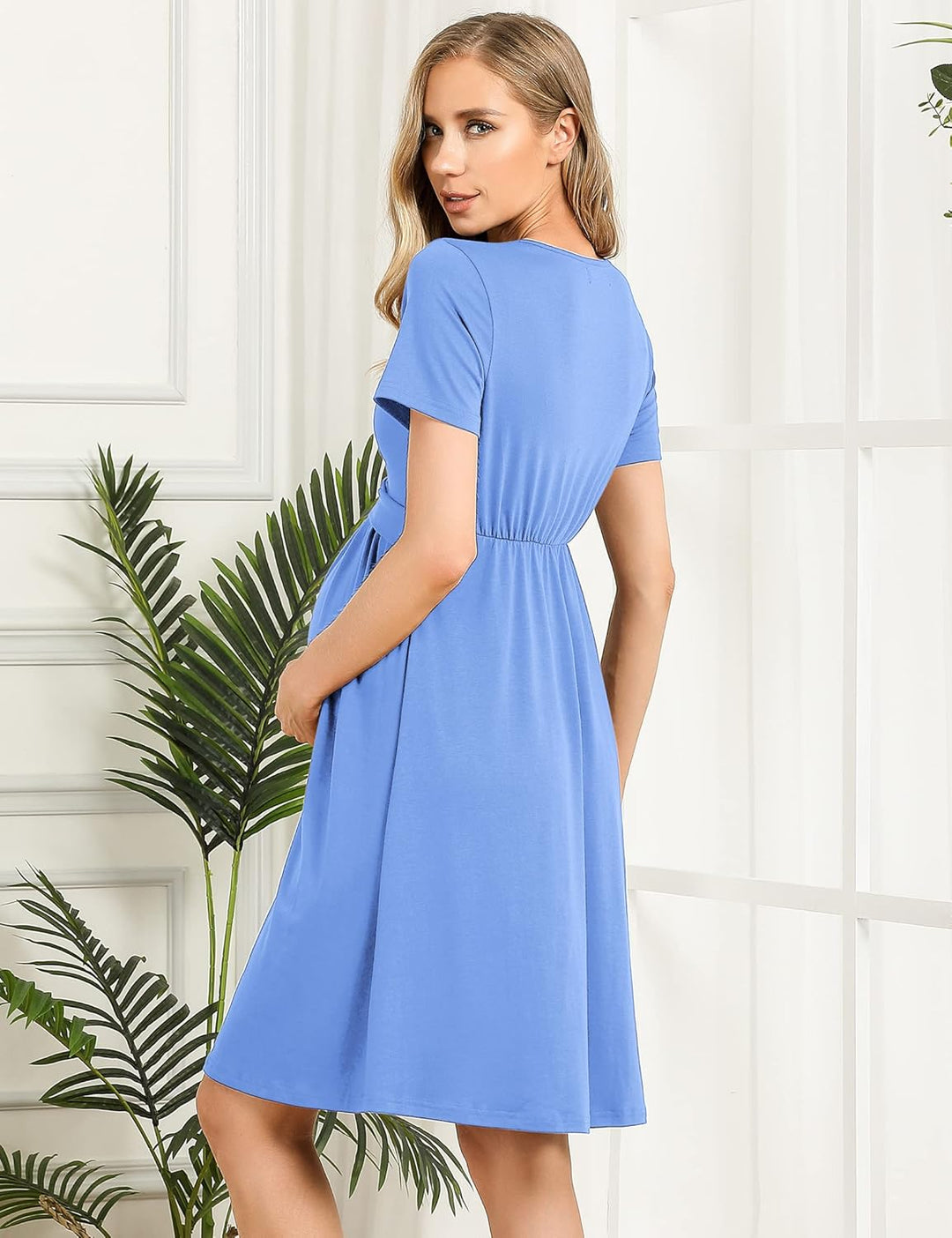 KOJOOIN Damen Umstandskleid V-Ausschnitt Stillkleid Casual Falten Schwangerschaftskleid(Verpackung M