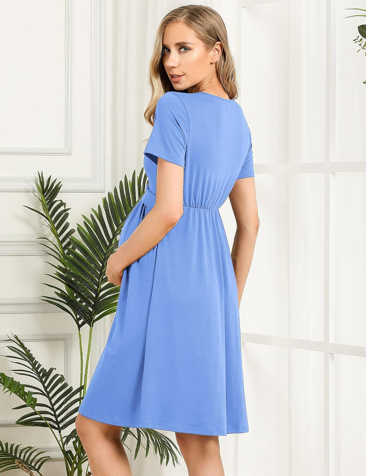 KOJOOIN Damen Umstandskleid V-Ausschnitt Stillkleid Casual Falten Schwangerschaftskleid(Verpackung M