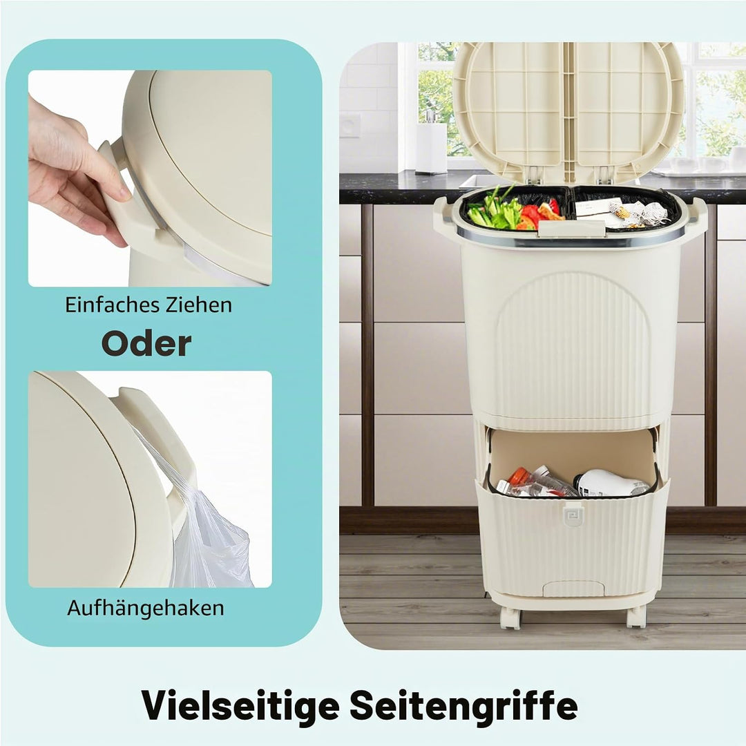 LIFEZEAL 38L / 42L Mülleimer auf Rädern, Abfalleimer mit 3 Fächern & Deckel, Tretmülleimer mit Griff