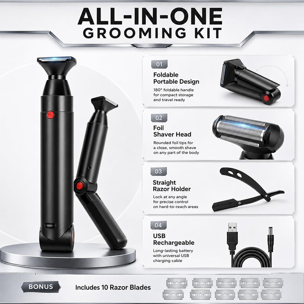 Rückenrasierer Herren, mit 2 Shock Absorber Flex Heads &amp; 10 Klingen | Multifunktional, USB, Drehzahl
