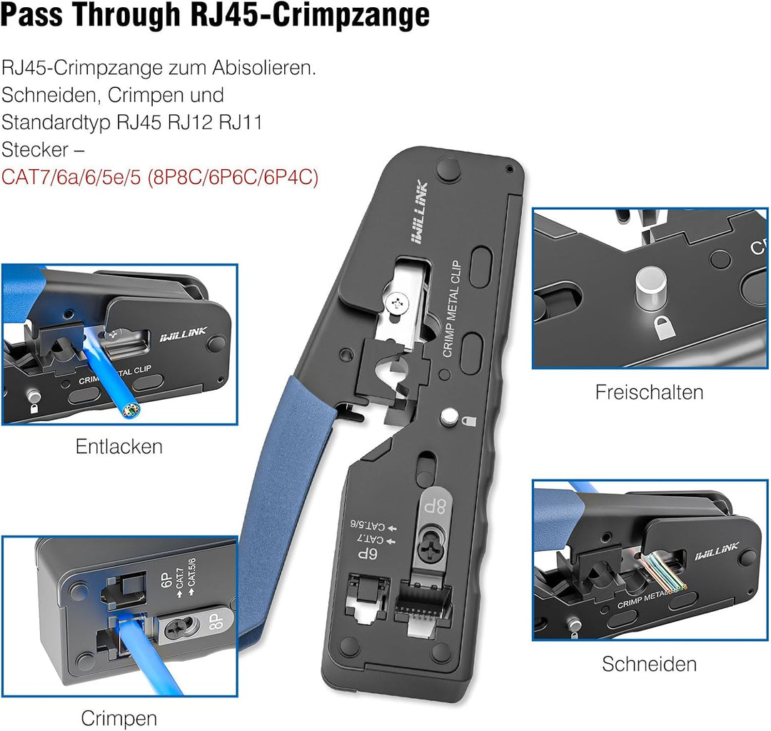 iwillink RJ45 Crimpzange Set mit 20 x Cat 7 Stecker | 1x Abisolierzange, 1x RJ45 Cat7 Kupplung,1x RJ