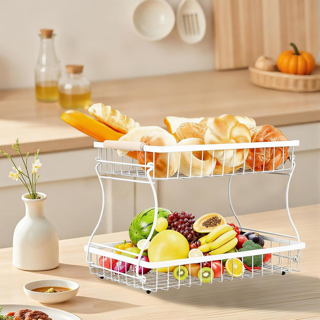 VINATO Obstkorb, Obst Etagere 2 Stöckig mit Holzgriffen für Küche, Bad & Mehr – Obstständer, Gemüse