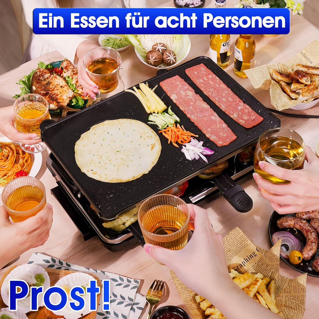 2-in-1 Raclette Grill, Raclette 8 Personen, 1300W Elektrogrill mit 1 Umkehrbarer Antihaft Grillplatt