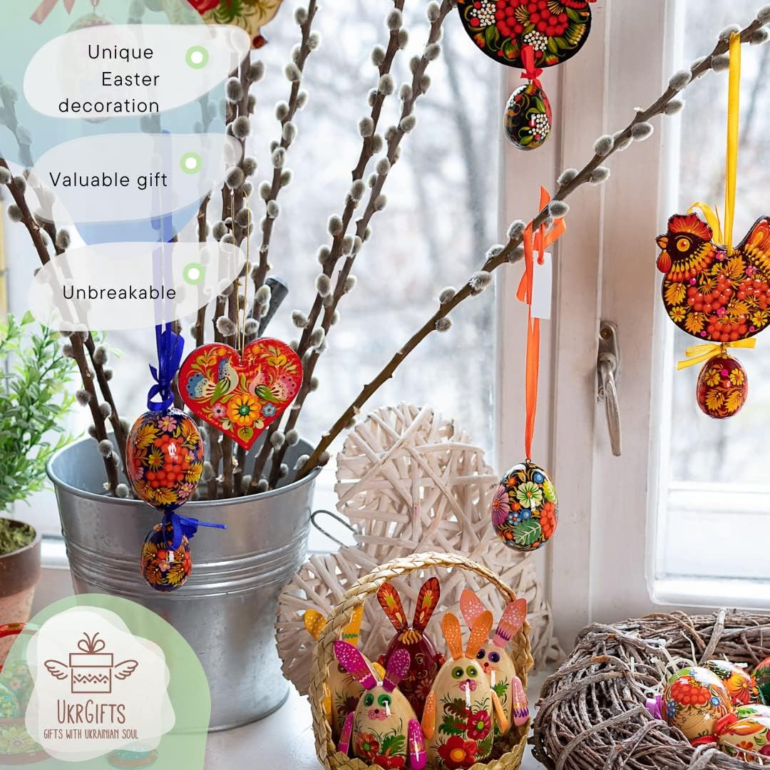 Bunte Holz Osterdekoration zum Aufhängen für Zweige oder Fenster Deko -Huhn mit Osterei 11 x 8,5 x 0
