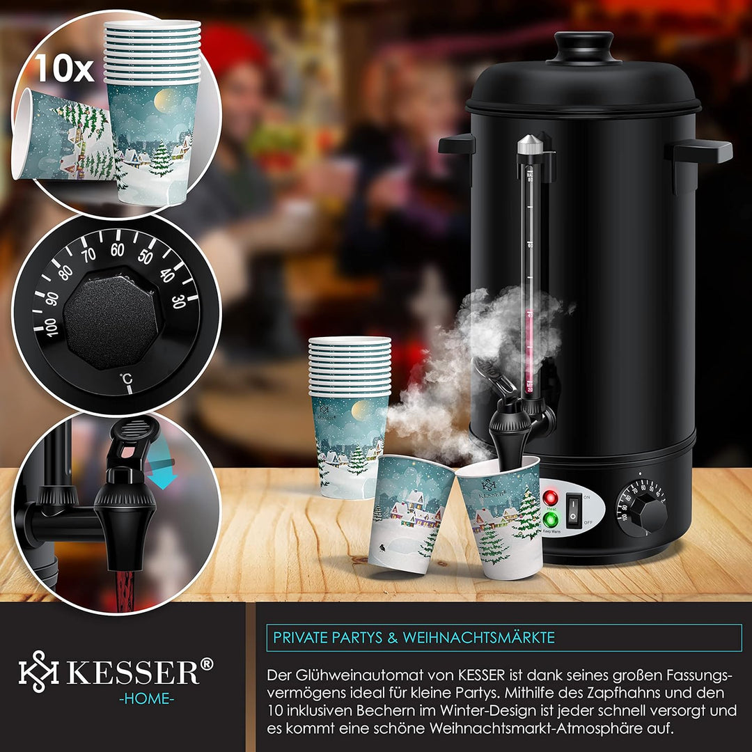 KESSER® Glühweinkessel 8L Edelstahl Inkl. 10x Becher Glühweinkocher mit Thermostat Glühweinautomat H