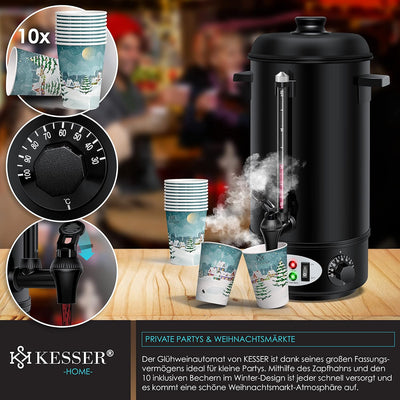 KESSER® Glühweinkessel 8L Edelstahl Inkl. 10x Becher Glühweinkocher mit Thermostat Glühweinautomat H