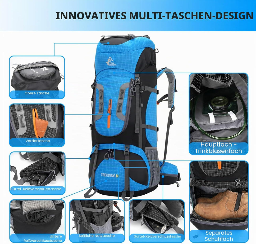 Bseash 80L Wasserdichter Wanderrucksack mit Regenschutz, leichter Outdoor-Sport, Reisen, Tagesrucksa