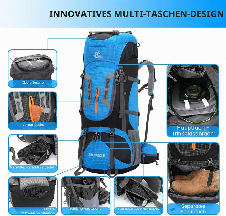 Bseash 80L Wasserdichter Wanderrucksack mit Regenschutz, leichter Outdoor-Sport, Reisen, Tagesrucksa