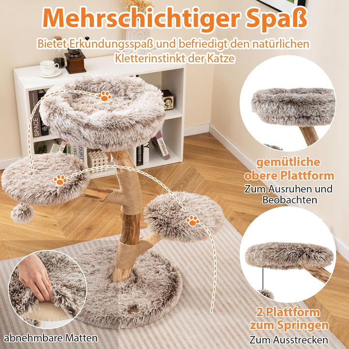 COSTWAY 90cm Kratzbaum Holz, Katzenbaum mit Kratzpfosten aus Massivholz und Jute, 4 Plüschsitzfläche