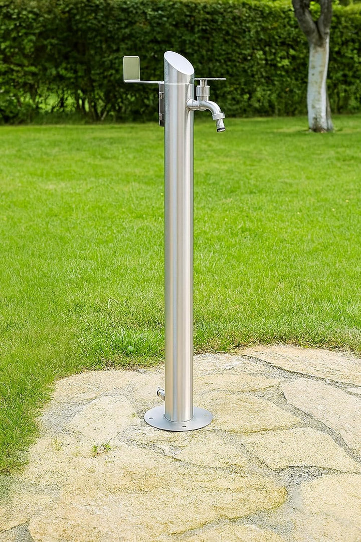Edelstahl Wasserzapfstelle 93 cm, Garten Wasserhahn Säule aus Edelstahl 304 gebürstet, 2 Hahnanschlü