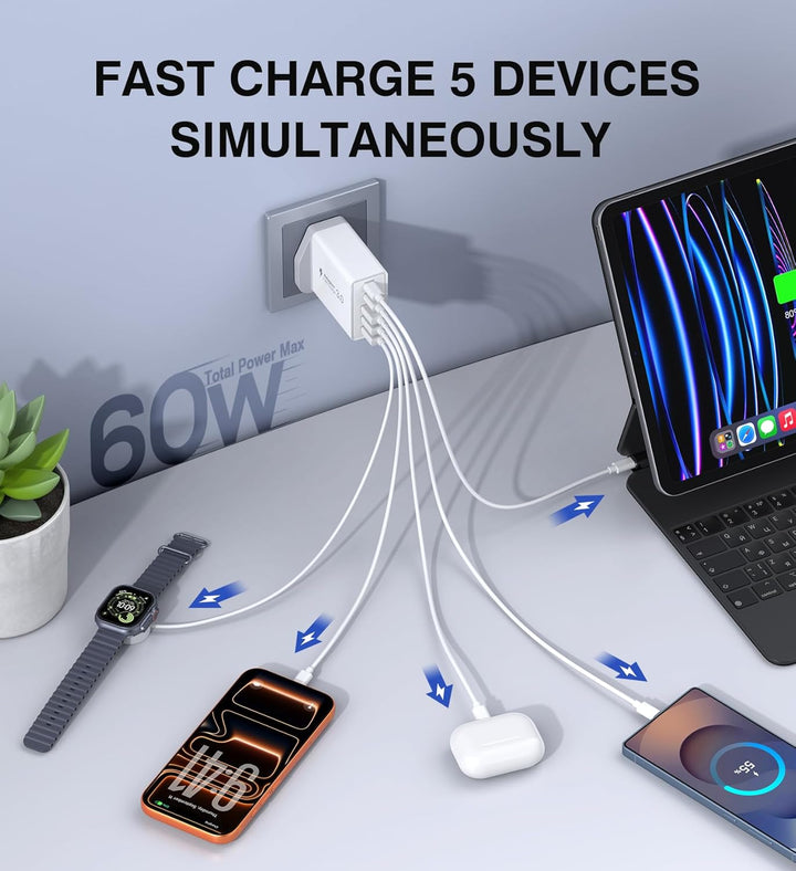 USB C Ladegerät, 5-Port USBC Netzteil Adapter Mehrfach für iPhone16 15 14 13 12 11 Pro Max SE 2020 X