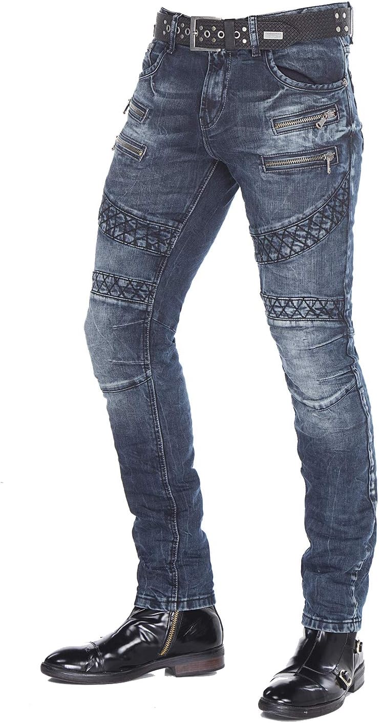 Cipo Baxx Herren Skinny Jeans Hose Biker Hose mit Zipper Slim Fit Denim Darkblue W30 L34