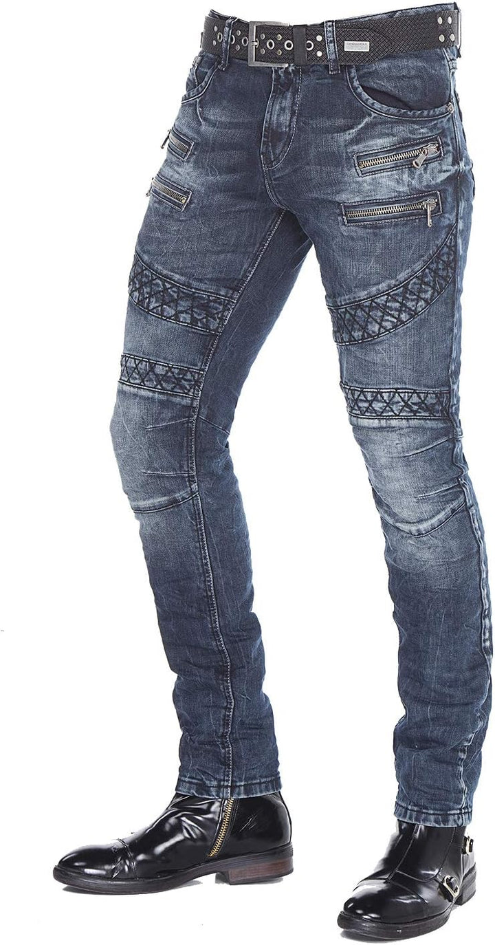 Cipo Baxx Herren Skinny Jeans Hose Biker Hose mit Zipper Slim Fit Denim Darkblue W30 L34