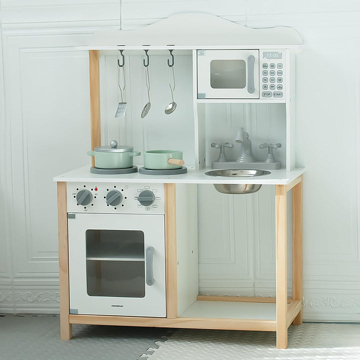 mamabrum Holzküche Kinder ab 3 – Spielküche aus Holz mit Mikrowelle, Backofen, Spüle &amp; Zubehör – Sta