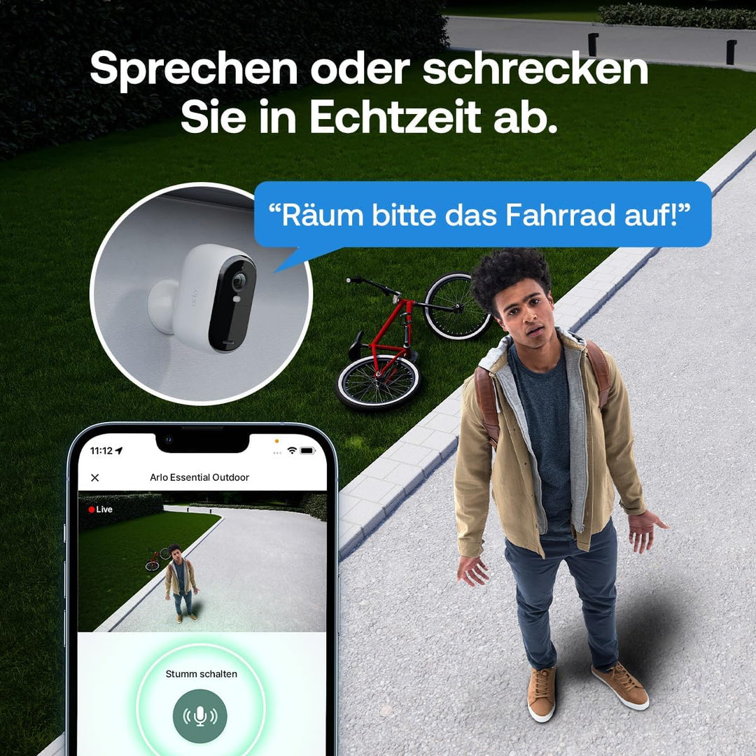 Arlo Essential 3 HD Akku Überwachungskamera Aussen WLAN, Kabellos, 1080p Video, Farbnachtsicht, Lich