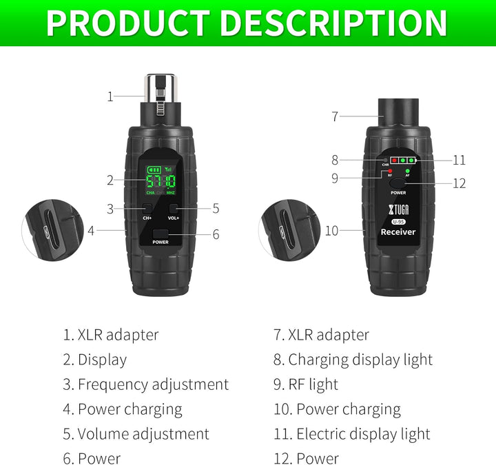 XTUGA U-95 UHF Wireless XLR Sender und Empfänger, wiederaufladbarer Mikrofonadapter für dynamisches