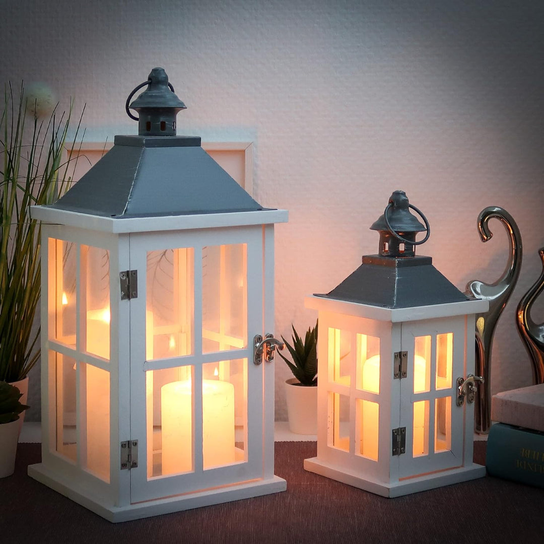 Dekovita 2er-Set Gartenlaterne 27cm/40cm - Holz-Laternen in Weiss mit Glas-Scheiben Henkel Deko-Late