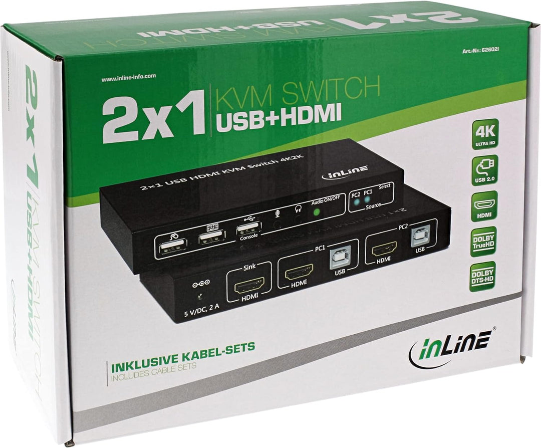 InLine 62602I KVM Desktop Switch, 2-fach, HDMI 4K2K, USB 2.0 Hub, mit Audio, schwarz