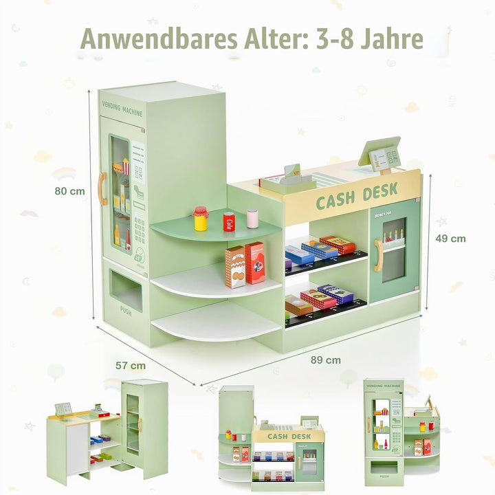 HOMASIS Kinder Kaufladen, Kaufmannsladen Holz mit 15 Zubehör, Verkaufsstand mit Seitentheke, Superma