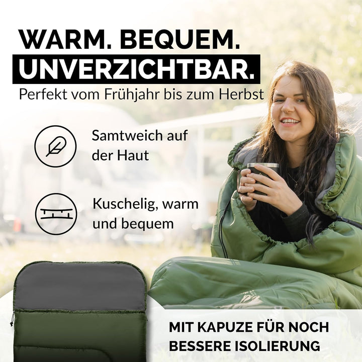 Deckenschlafsack mit Kapuze bis -3°C INKL. Kissen - Outdoor Winter-Schlafsack & Sommer-Schlafsack 3-