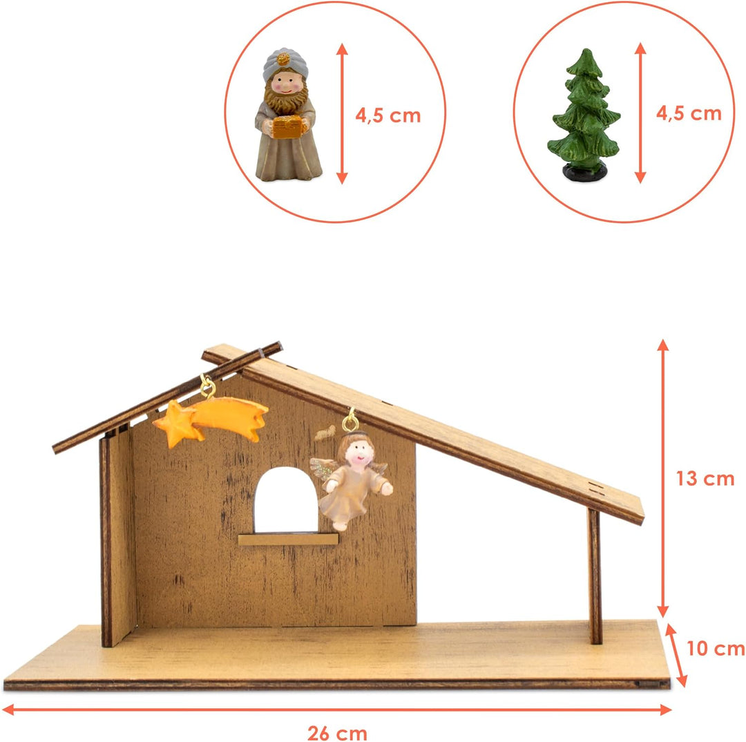 Spetebo Holz Weihnachts Krippenstall mit Kunststeinfiguren - 26 x 13 cm - Weihnachtskrippe Adventska