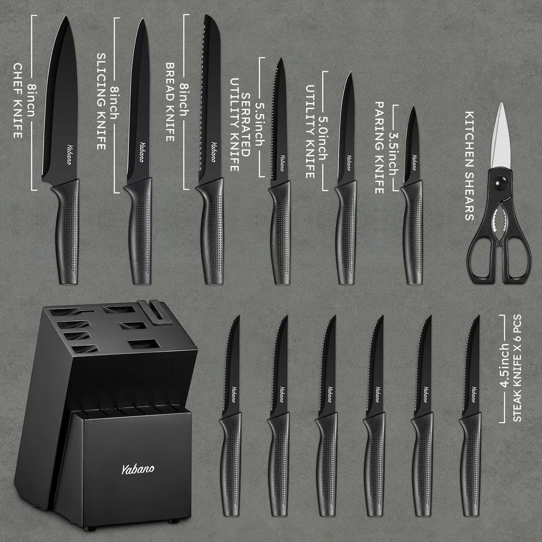 Messerblock Set,Yabano 14-teilig Küchenmesserset mit Integriertem Messerschärfer, Scharfes Schwarzes