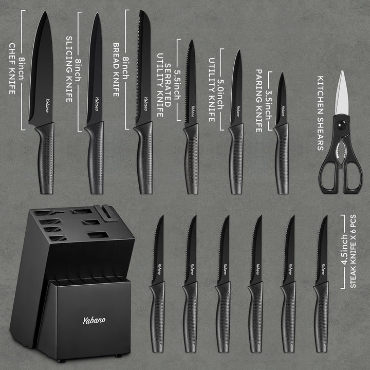 Messerblock Set,Yabano 14-teilig Küchenmesserset mit Integriertem Messerschärfer, Scharfes Schwarzes