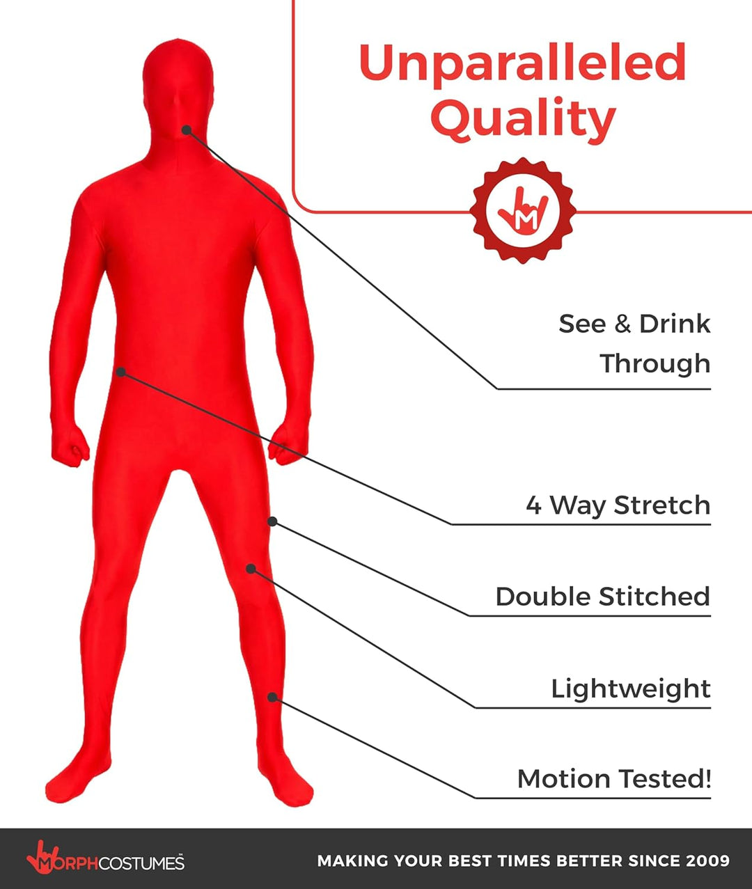 MSUIT Roter Morphsuit für Erwachsene, Ganzkörperanzug Herren Damen, Faschingskostüm - L (163cm-175cm