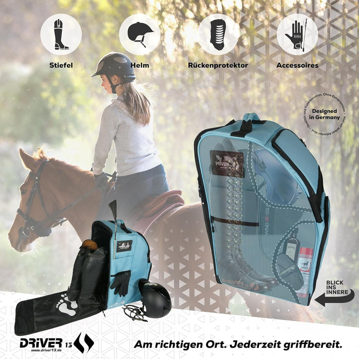 Driver13 Reitstiefelrucksack Deluxe mit Helmfach, Reitstiefeltasche und Stiefeletten Tasche, für Rei