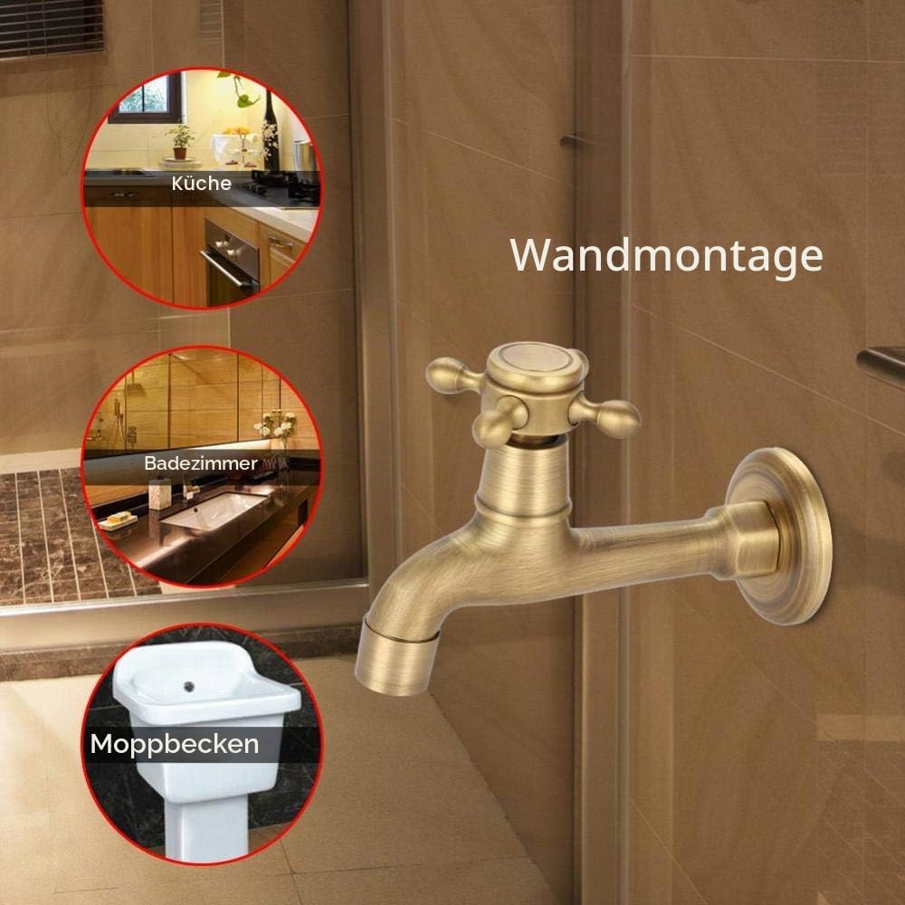 Vintage Massiv Messing Wasserhahn mit Dichtung Pad, G1/2 Single Kaltwasser Wasserhahn Wand Mop Pool