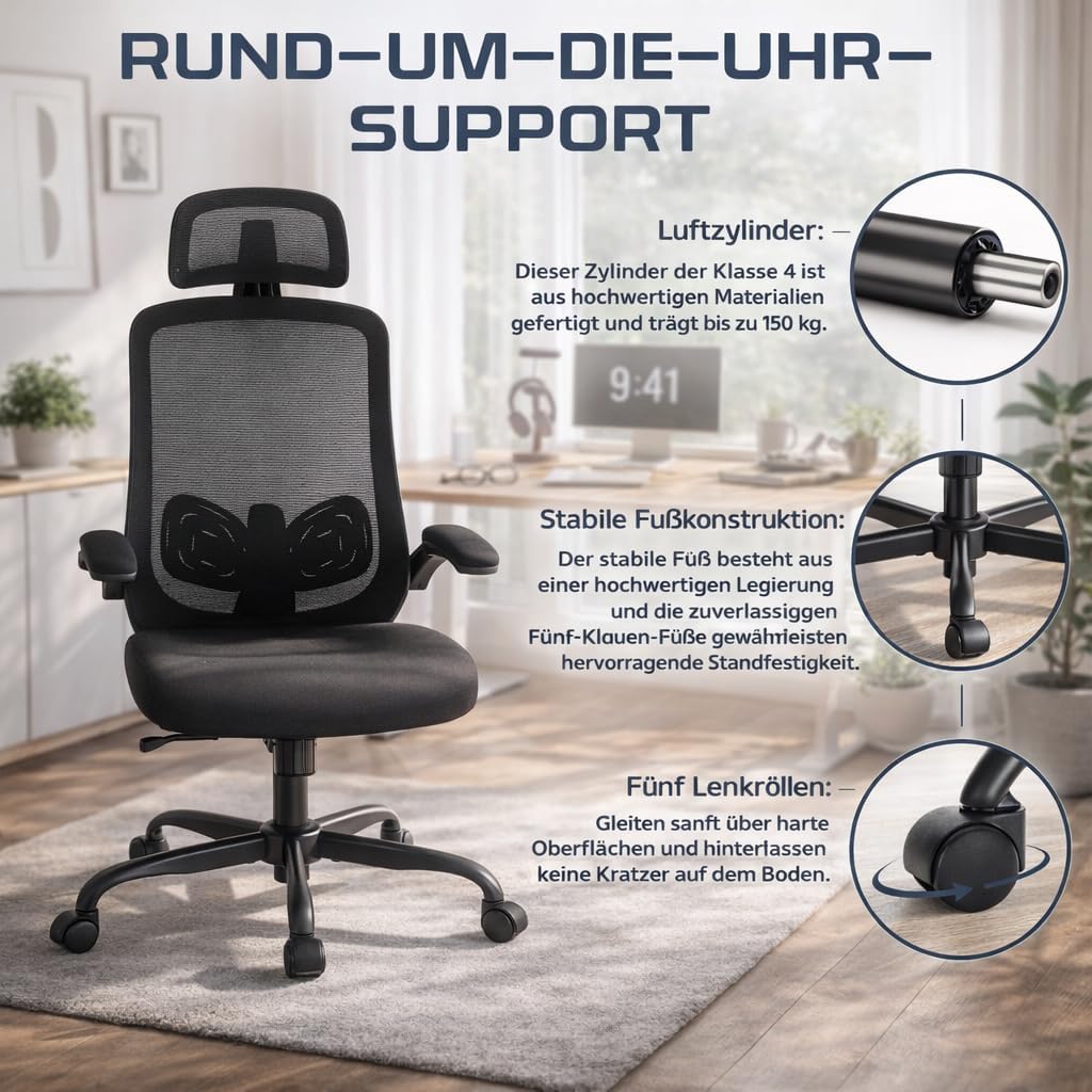 DUMOS Bürostuhl Ergonomisch, Gaming Stuhl mit Verstellbarer Kopfstütze, Armlehnen Schreibtischstuhl,