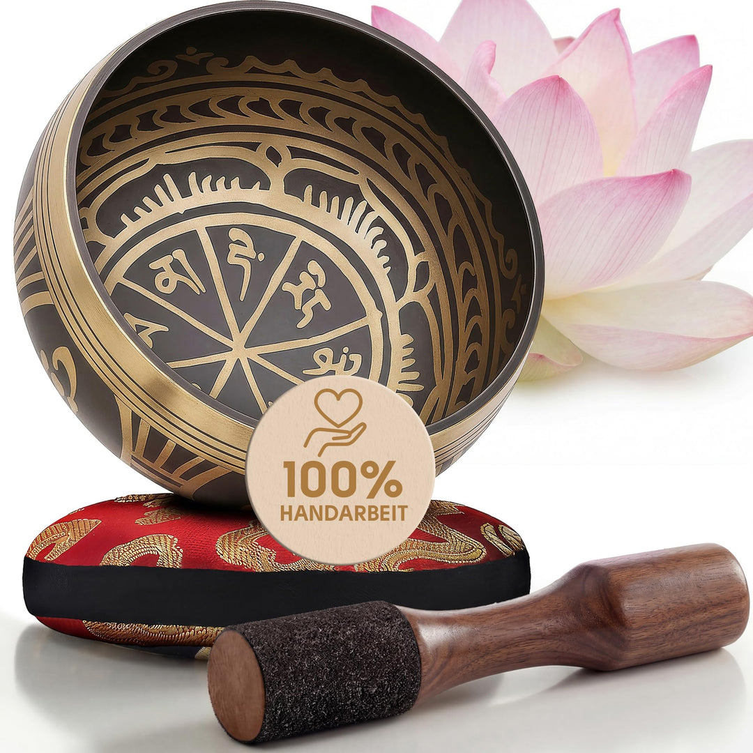 Silent Mind tibetische Klangschale Set ~ Antik Design ~ mit hochwertigem Holz Klöppel und Himalaya K