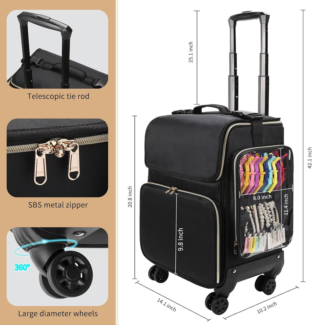 Kosmetikkoffer Trolley mit 360° Drehbaren Rädern, Friseurkoffer mit Abnehmbarer Tasche, Wärmeisolier
