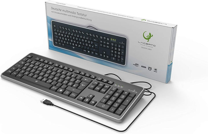 Lacerto® | Deutsche Tastatur (QWERTZ) mit grossen Buchstaben, weisser LED-Beleuchtung &amp; USB-Anschlus