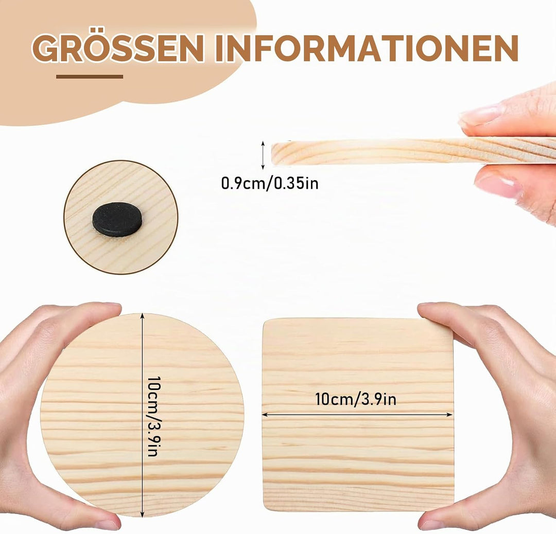 36 Stück Holzuntersetzer Blanko Set - 10cm Glasuntersetzer Holz Rohlinge (24 Eckig, 12 Rund) unbehan